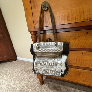 Large Myra Bag Hair-On Multi Patterned Leather Handle Large Tote Mixed Media